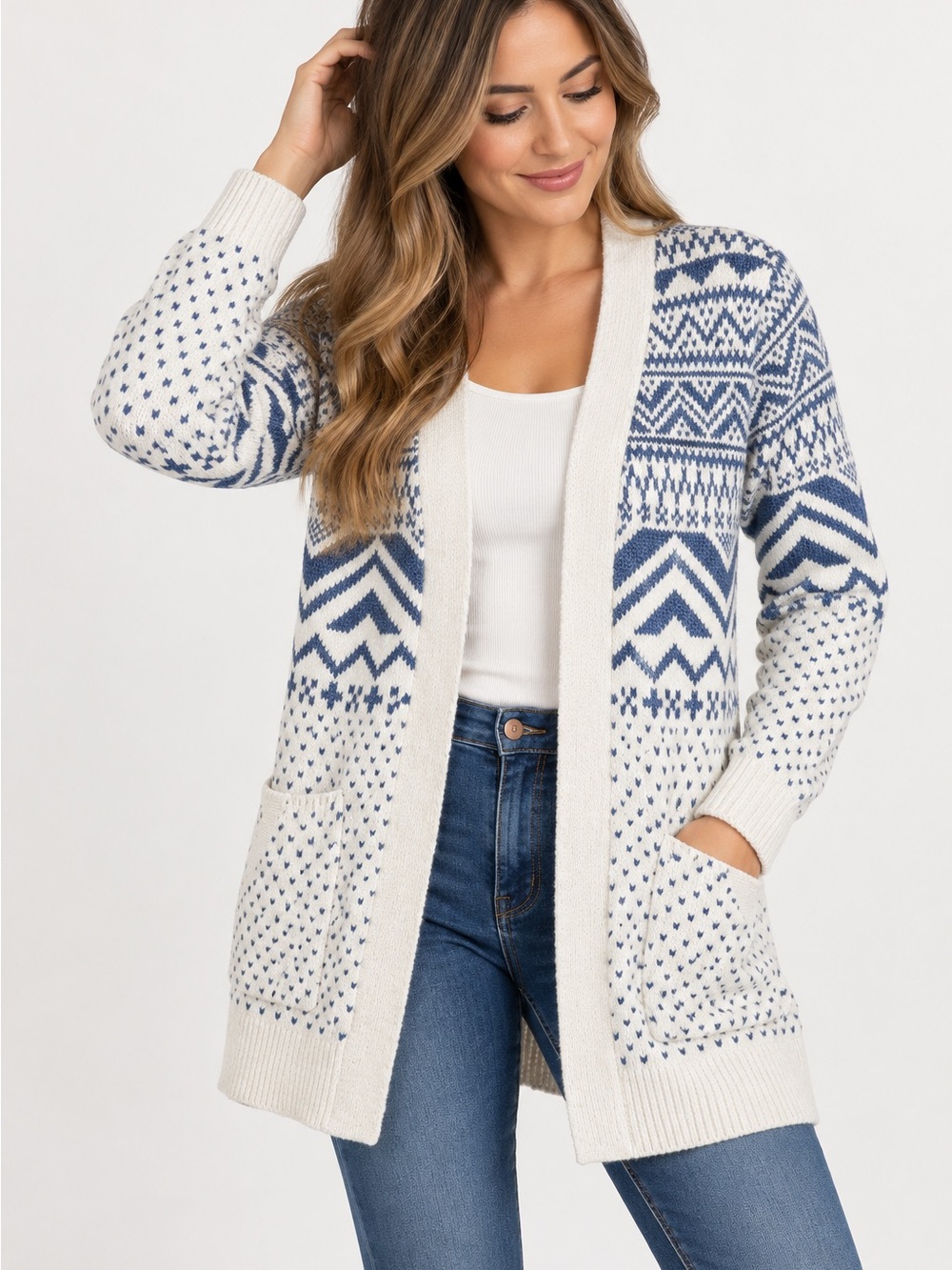 L.L. Bean Cream and Blue Fair Isle Open-Front Cardigan